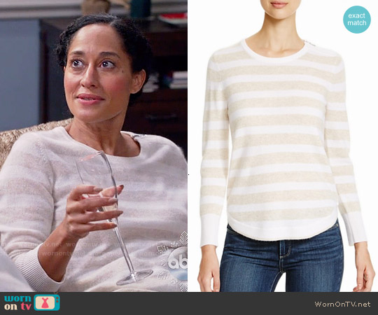 Aqua Cashmere Stripe Zip Shoulder Sweater in Oatmeal worn by Rainbow Johnson (Tracee Ellis Ross) on Black-ish