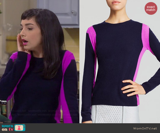 Aqua Cashmere Vertical Colorblock Sweater in Peacoat/Orchid worn by Molly Ephraim on Last Man Standing