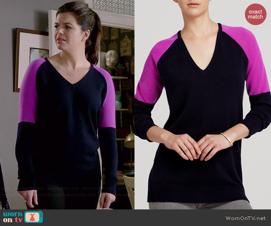 Aqua Colorblock V-neck Cashmere Sweater in Peacoat/Orchid worn by Casey Wilson on Marry Me