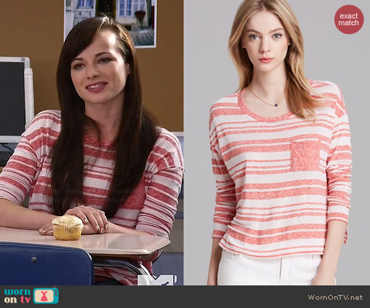 Aqua Drop Shoulder Stripe Tee in Coral worn by Ashley Rickards on Awkward