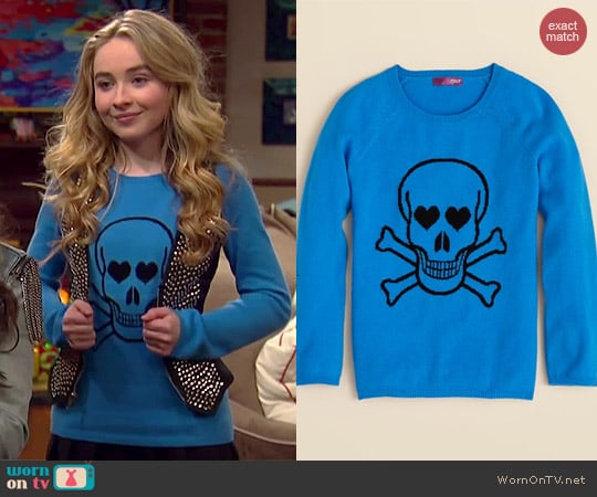 Aqua Girls Cashmere Skull Sweater worn by Sabrina Carpenter on Girl Meets World