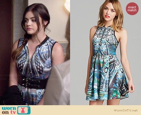 Aqua Paisley Print Scuba Zip Front Racerback Dress worn by Lucy Hale on PLL