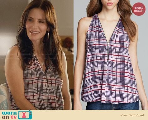 Aqua Plaid Zip Neck Top worn by Courtney Cox on Cougar Town