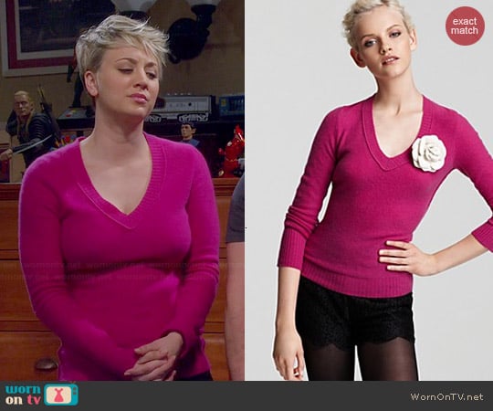 Aqua Raw Edge V-neck Cashere Sweater worn by Kaley Cuoco on The Big Bang Theory