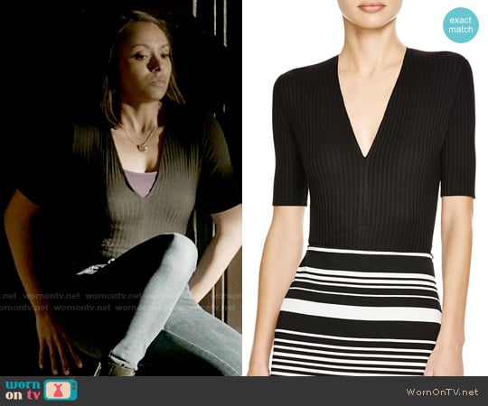 Aqua Ribbed V-neck Bodysuit worn by Bonnie Bennett (Kat Graham) on The Vampire Diaries