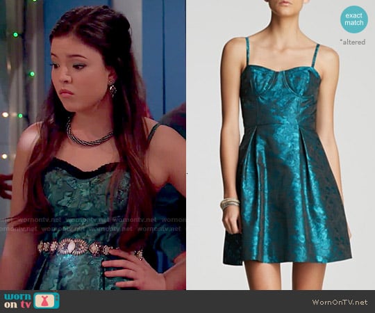 Aqua Spaghetti Strap Printed Jacquard Fit & Flare Dress worn by Jasmine Kang (Piper Curda) on I Didnt Do It