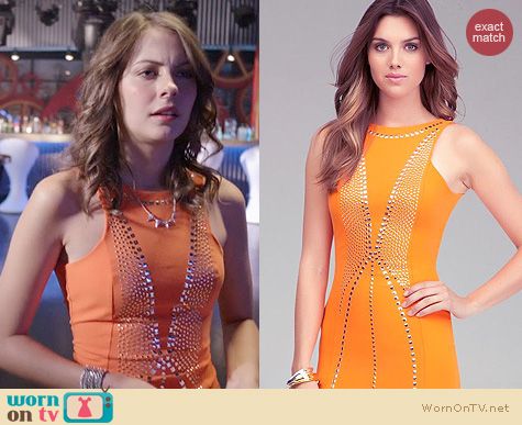 Arrow Fashion: Bebe Orange Studded Open Back Dress worn by Willa Holland