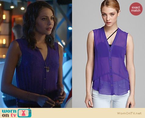 Arrow Fashion: Helmut Lang Ghost Silk Button Down in Viola worn by Willa Holland