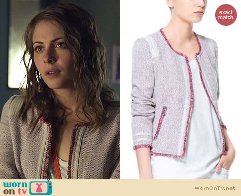 Arrow Fashion: Zara tweed fringed neon trim jacket worn by Willa Holland