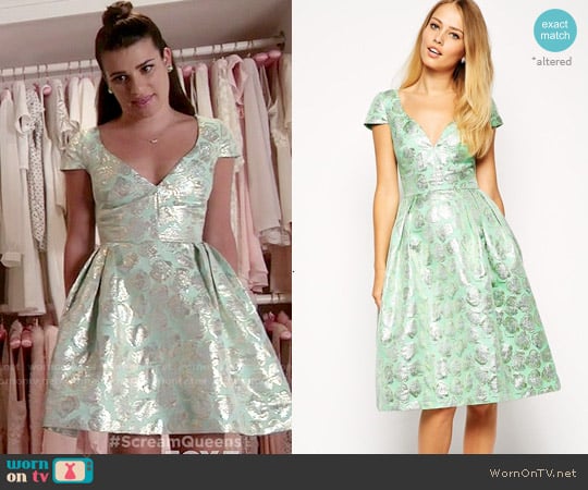 ASOS Deep Plunge Metallic Prom Dress worn by Hester Ulrich (Lea Michele) on Scream Queens