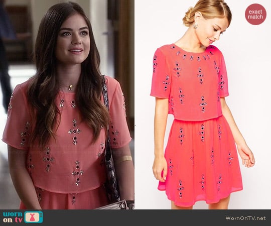 ASOS Fluro Crop Top Embellished Skater Dress worn by Lucy Hale on PLL