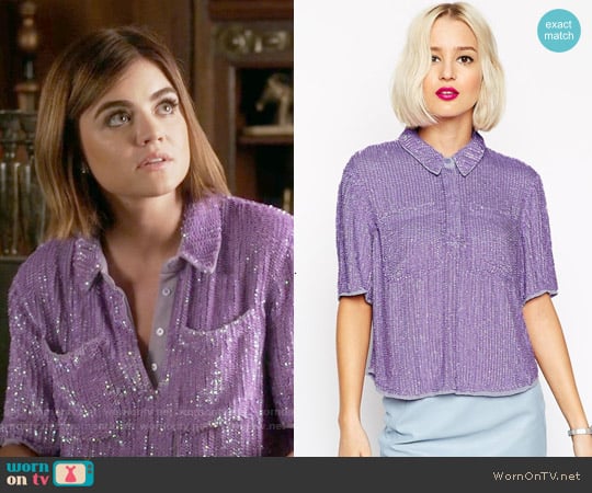 ASOS Sequin T-shirt worn by Aria Montgomery (Lucy Hale) on Pretty Little Liars