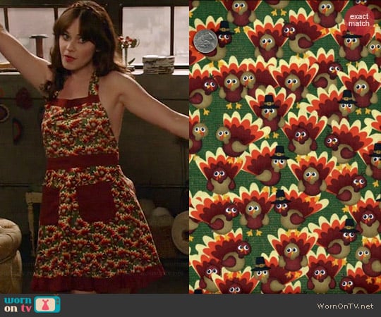 Auntie Chris Watercolor Turkeys Thanksgiving Fabric Custom Made Apron worn by Zooey Deschanel on New Girl