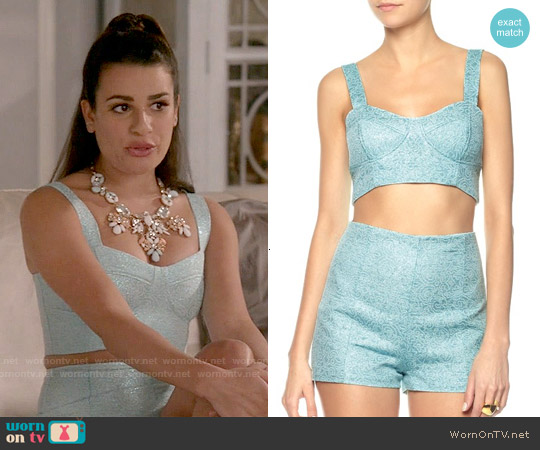 A.W.A.K.E. Mint Jacquard Bra Top and Shorts worn by Hester Ulrich (Lea Michele) on Scream Queens