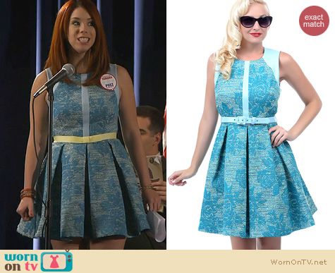 Awkward Fashion: Eva Franco Blue Floral Tweed Leather Dress worn by Jillian Rose Reed