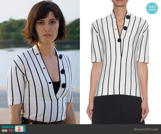 Balenciaga V-neck Striped Silk-Knit Blouse worn by Laurel Healy (Mary Elizabeth Winstead) on BrainDead