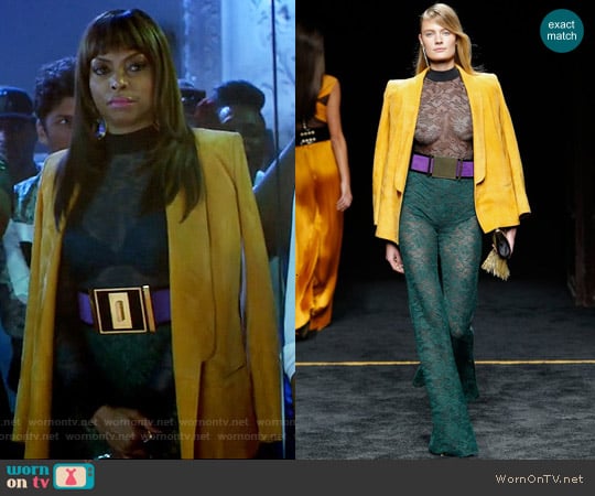 Balmain 2015 Collection Lace Jumpsuit and Yellow Suede Jacket worn by Cookie Lyon (Taraji P. Henson) on Empire