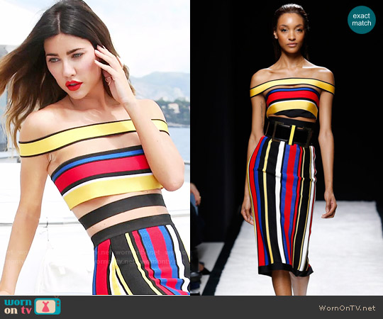 Balmain Spring 2015 Collection Striped Off-Shoulder Top and Skirt worn by Steffy Forrester (Jacqueline MacInnes Wood) on The Bold and the Beautiful