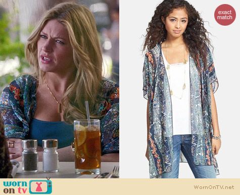 Band of Gypsies Print Chiffon Kimono Jacket worn by Jess Macallan on Mistresses