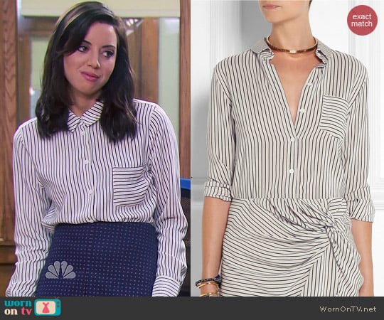 Band of Outsiders Striped Silk Shirt worn by Aubrey Plaza on Parks & Rec