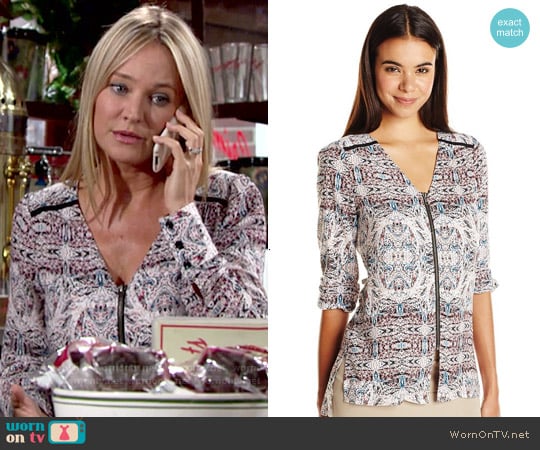 Bcbgeneration Zip Front Blouse in Sea Coral Combo worn by Sharon Newman (Sharon Case) on The Young and the Restless