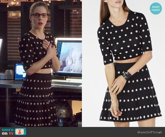 Bcbgmaxazria Aryen Polka Dot Crop Top and Gloria Skirt worn by Felicity Smoak (Emily Bett Rickards) on Arrow