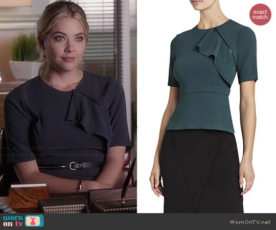 Bcbgmaxazria Cadie Zippered Ruffle Peplum Top worn by Ashley Benson on PLL