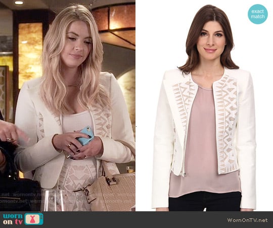 Bcbgmaxazria Floyd Lace Insert Jacket worn by Hanna Marin (Ashley Benson) on Pretty Little Liars