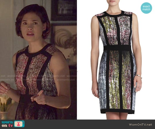 Bcbgmaxazria Gwenyth Sleeveless Print Blocked Sheath worn by Heather Chandler (Nicole Gale Anderson) on Beauty and the Beast