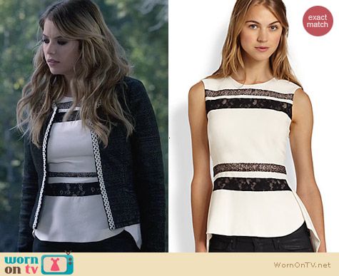 Bcbgmaxazria lace-trim split-back peplum top worn by Ashley Benson on Ravenswood