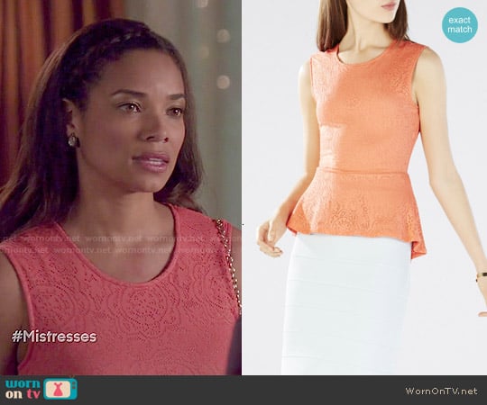 Bcbgmaxazria Lyna Peplum Top in Ambrosia worn by April Malloy (Rochelle Aytes) on Mistresses