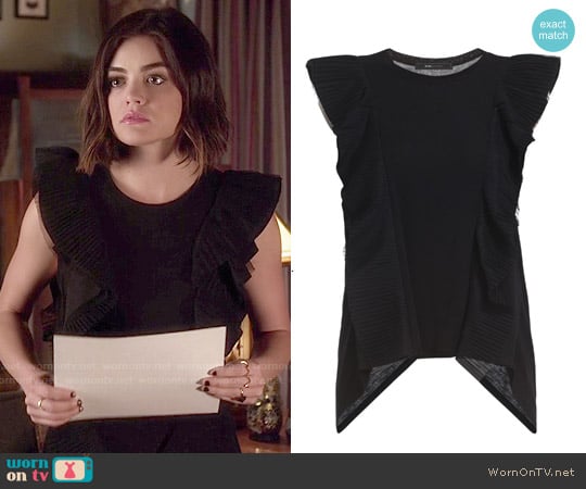 Bcbgmaxazria Mandana Sleeveless Ruffle top worn by Aria Montgomery (Lucy Hale) on Pretty Little Liars