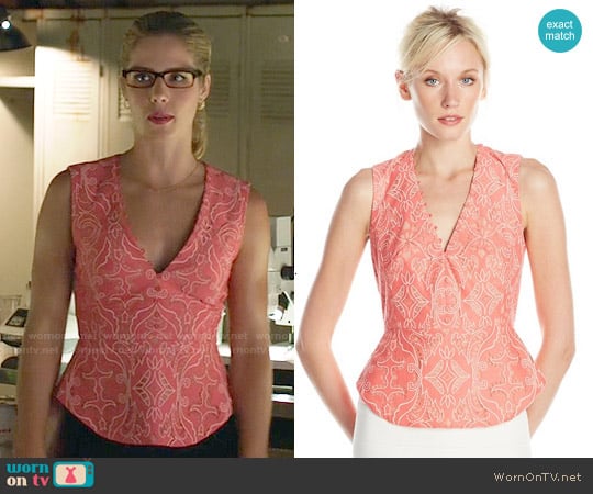 Bcbgmaxazria 'Rena' Top in Pink Coral worn by Felicity Smoak (Emily Bett Rickards) on Arrow