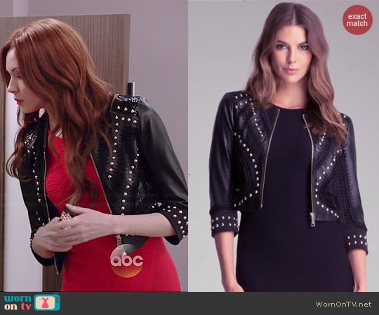 Bebe Crochet Leather Jacket worn by Karen Gillan on Selfie