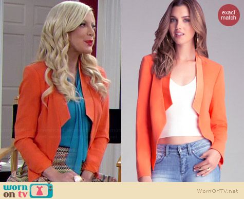 Bebe Drape Front Blazer in Tigerlily worn by Tori Spelling on Mystery Girls