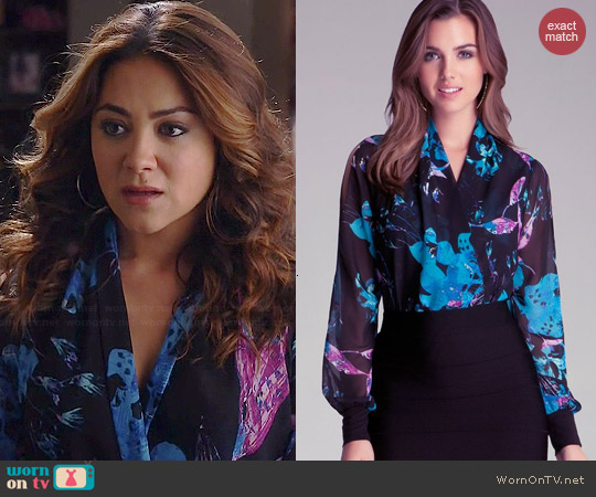 Bebe Printed Wrap Bodysuit worn by Camille Gauty on Happyland