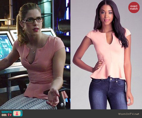 Bebe Split Neck Hi-Low Peplum Top worn by Emily Bett Rickards on Arrow