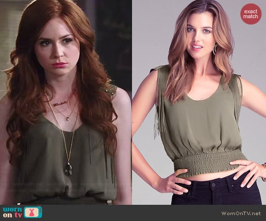 Bebe Stud Fringe Shoulder Top in Dusty Olive worn by Karen Gillan on Selfie