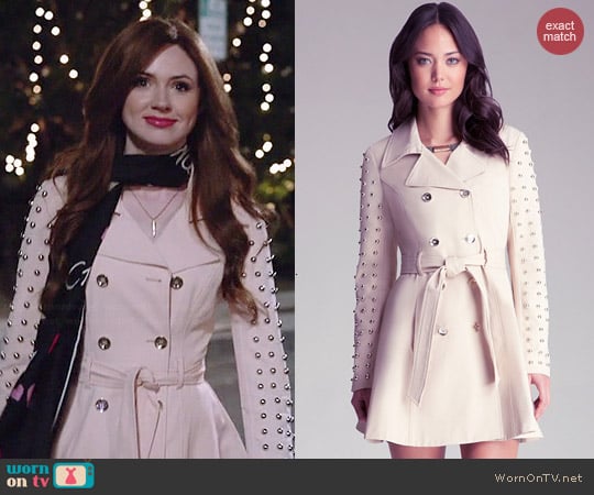 Bebe Studded Sleeve Flared Trench Coat worn by Karen Gillan on Selfie