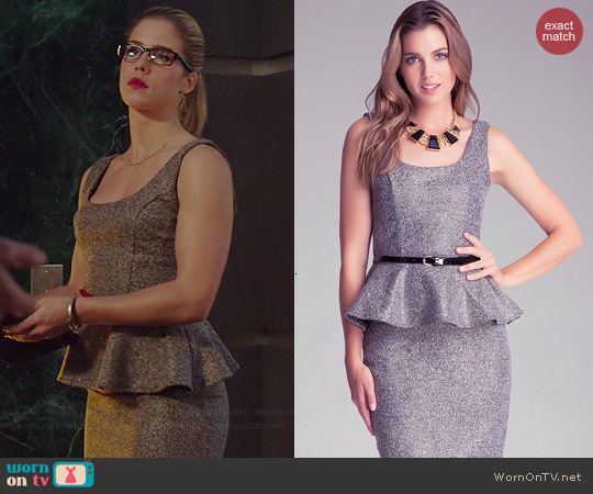 Bebe Tweed Peplum Top and Midi Skirt worn by Emily Bett Rickards on Arrow