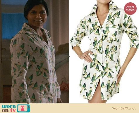 Bedhead Green Cabana Birds Nightshirt worn by Mindy Kaling on The Mindy Project