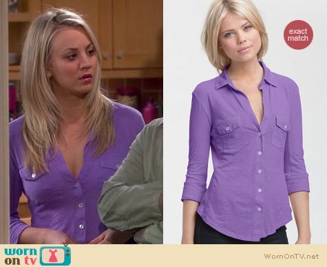 Big Bang Theory Fashion: James Perse purple jersey button down shirt worn by Kaley Cuoco