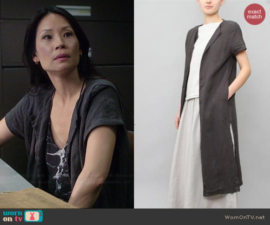 Black Crane Long Slit Coat in Grey worn by Joan Watson on Elementary