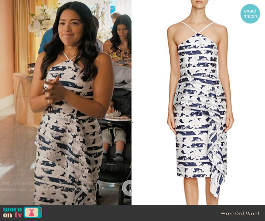 Black Halo 'Blythe' Printed Midi Dress worn by Jane Villanueva (Gina Rodriguez) on Jane the Virgin