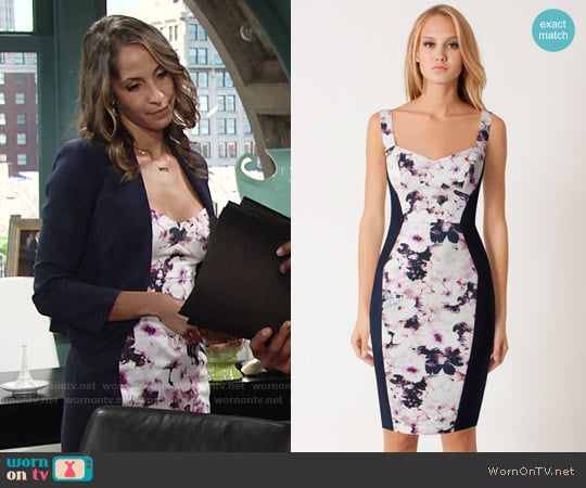 Black Halo Sadie Sheath in Hibiscus Coast / Pacific Blue worn by Lily Winters (Christel Khalil) on The Young and the Restless