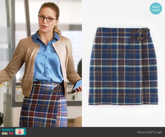 Boden British Tweed Kilt  in Navy Check worn by Kara Danvers (Melissa Benoist) on Supergirl