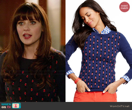 Boden Pattern Sweater in Night Blue worn by Zooey Deschanel on New Girl