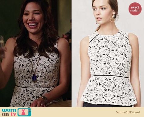 Bones Fashion: Anthropologie Scrolling Lace Peplum blouse worn by Michaela Conlin