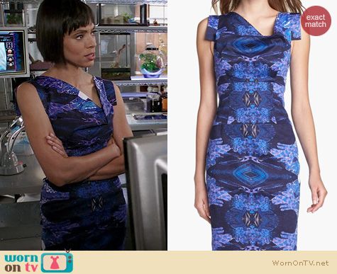 Bones Fashion: Black Halo Jackie O Dress in purple print worn by Tamara Taylor