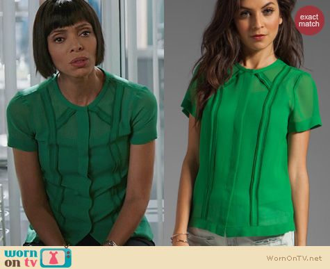 Fashion of Bones: Marc by Marc Jacobs Gator Green Crystal Textured Silk Blouse worn by Tamara Taylor